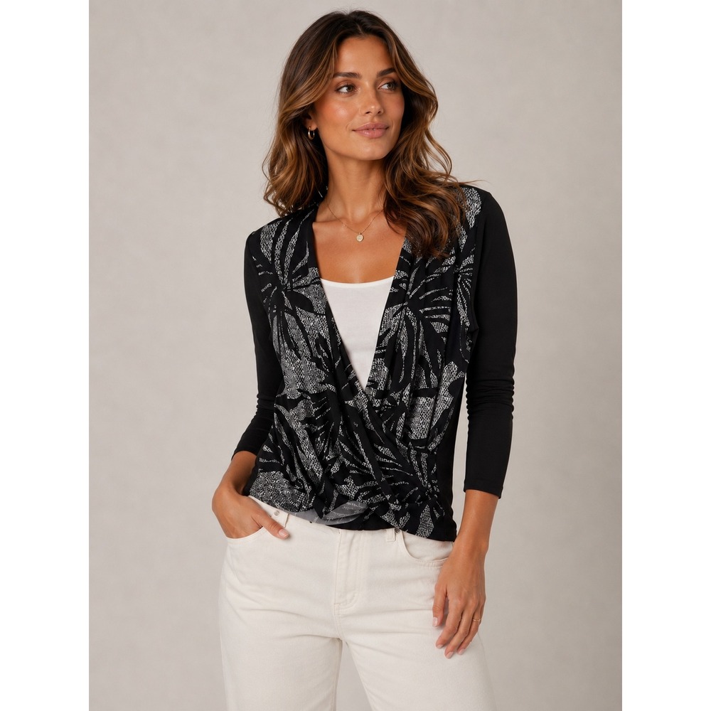 Clara Sun Woo Black Faux Wrap Blouse Floral Palm Leaf Office Grunge Womens Small
